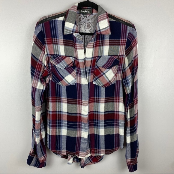 SAM Edelman Riley Blue Red Plaid Lace Back Button Down Shirt Medium - Picture 2 of 15